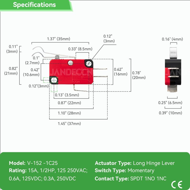 JANDECCN 10 قطع مفتاح حد مفصلي ذراع مرن، SPDT 1NO 1NC مفتاح ميكرو سريع العمل V-154-1C25 - Image 4